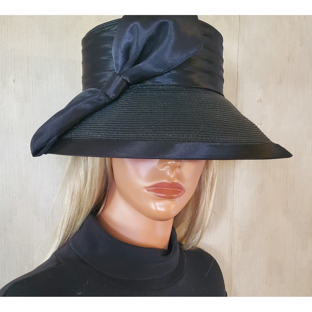 Vintage Lord & Taylor Black Straw Cloche Hat Satin Bow Formal Church Wedding NWT